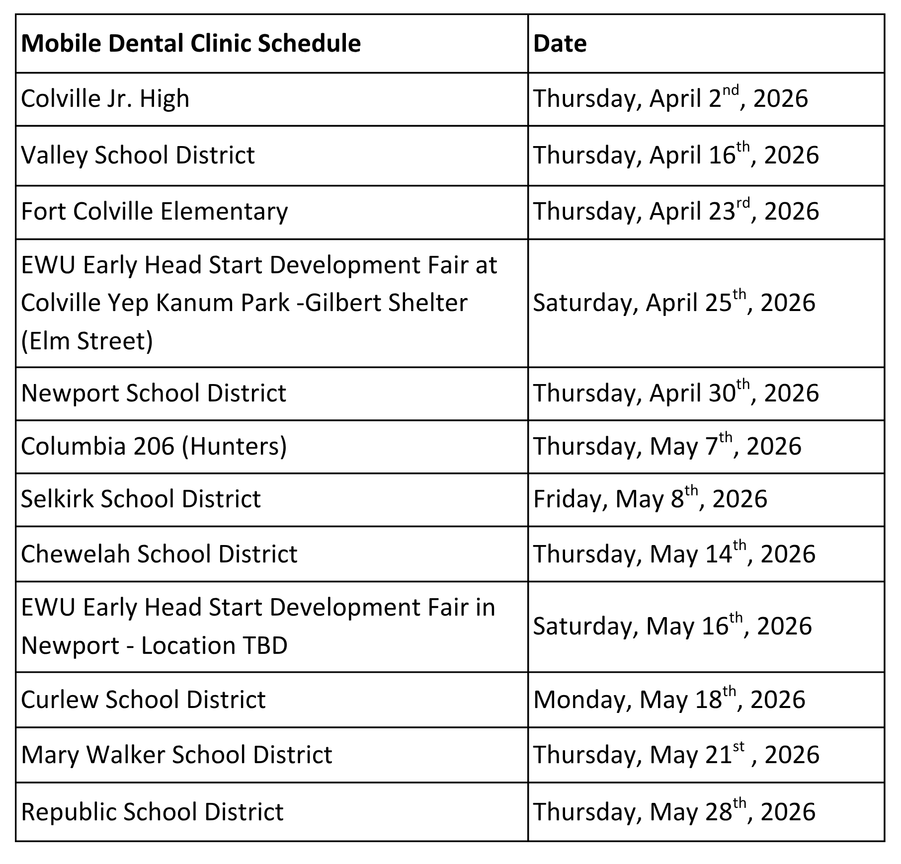 NEW Health Mobile Dental Clinic Spring Schedule for Schools